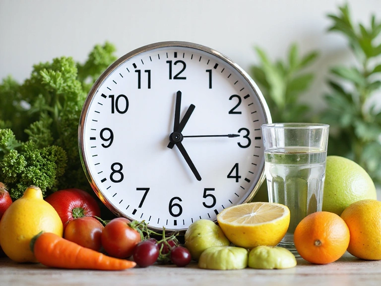Clock showing business hours with healthy food items