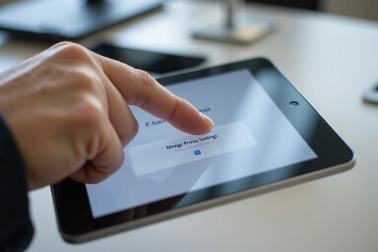A person's hand selecting an option on a tablet screen that says 'Manage Privacy Settings'.