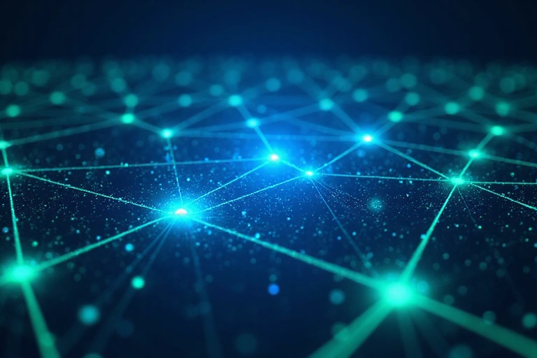 Abstract representation of data flow and security, with glowing lines connecting nodes, on a dark blue background.